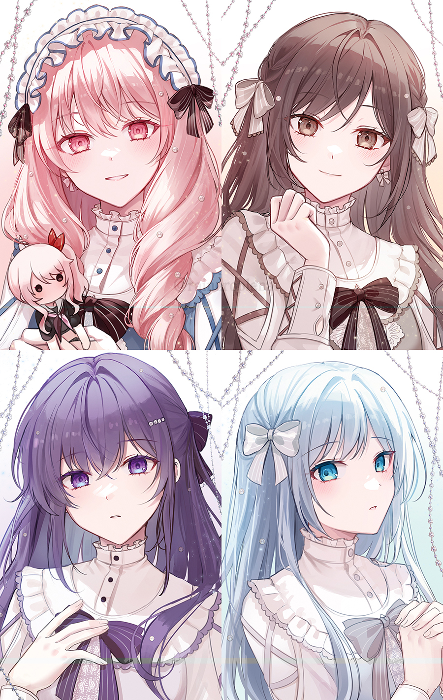 1other 3girls 723/nanahumi akiyama_mizuki asahina_mafuyu black_bow blue_dress blue_eyes bow brown_eyes brown_hair character_request closed_mouth crossed_bangs doll dress grey_bow hair_between_eyes hair_bow hand_on_own_chest highres holding holding_doll long_hair looking_at_viewer maid_headdress multiple_girls own_hands_together parted_bangs pink_eyes pink_hair project_sekai purple_bow purple_eyes purple_hair shinonome_ena smile upper_body white_dress white_hair yoisaki_kanade