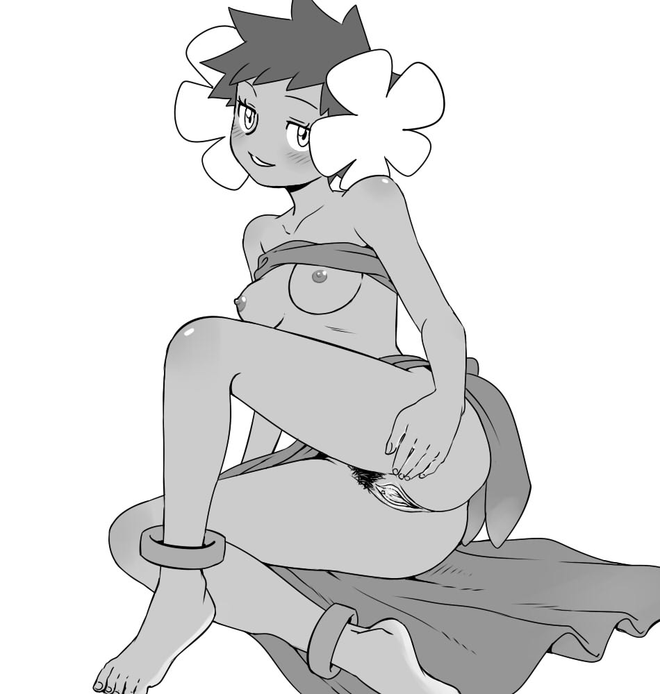 anklet bad_id bad_pixiv_id bare_shoulders barefoot blush breasts clitoris dark_skin elite_four eyelashes flower fuyou_(pokemon) gooberman_(kdk5011) greyscale hair_flower hair_ornament jewelry looking_at_viewer monochrome nipples no_panties parted_lips pokemon pubic_hair pussy sarong shirt_lift short_hair simple_background small_breasts smile solo spread_pussy uncensored white_background