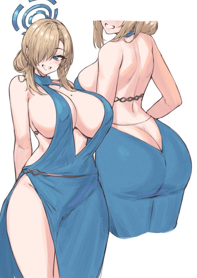 1girl ass asuna_(blue_archive) backless_dress backless_outfit bare_back bare_shoulders blonde_hair blue_archive blue_dress blue_eyes breasts commentary cowboy_shot dress from_behind grin kuavera large_breasts long_hair looking_at_viewer mole mole_on_breast multiple_views simple_background sketch sleeveless sleeveless_dress smile solo standing thighs white_background