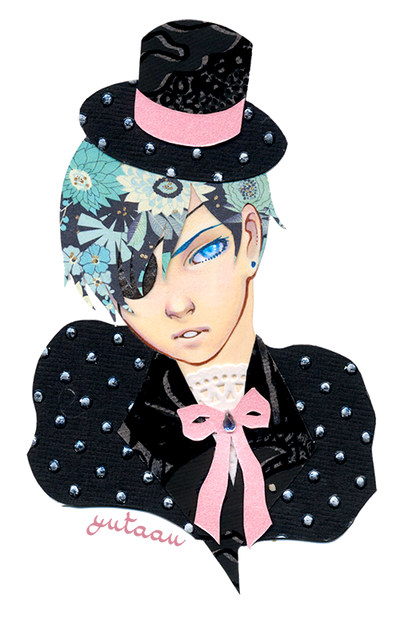 1boy artist_name black_headwear black_jacket blue_eyes blue_flower blue_hair bow bowtie ciel_phantomhive collared_jacket commentary_request earrings english_commentary eyelashes eyepatch flower hair_over_one_eye hat jacket jewelry kuroshitsuji lace_shirt looking_at_viewer male_focus parted_lips pink_bow pink_bowtie polka_dot polka_dot_headwear polka_dot_jacket shirt short_hair solo stud_earrings teeth top_hat transparent_background upper_body white_shirt yutaan