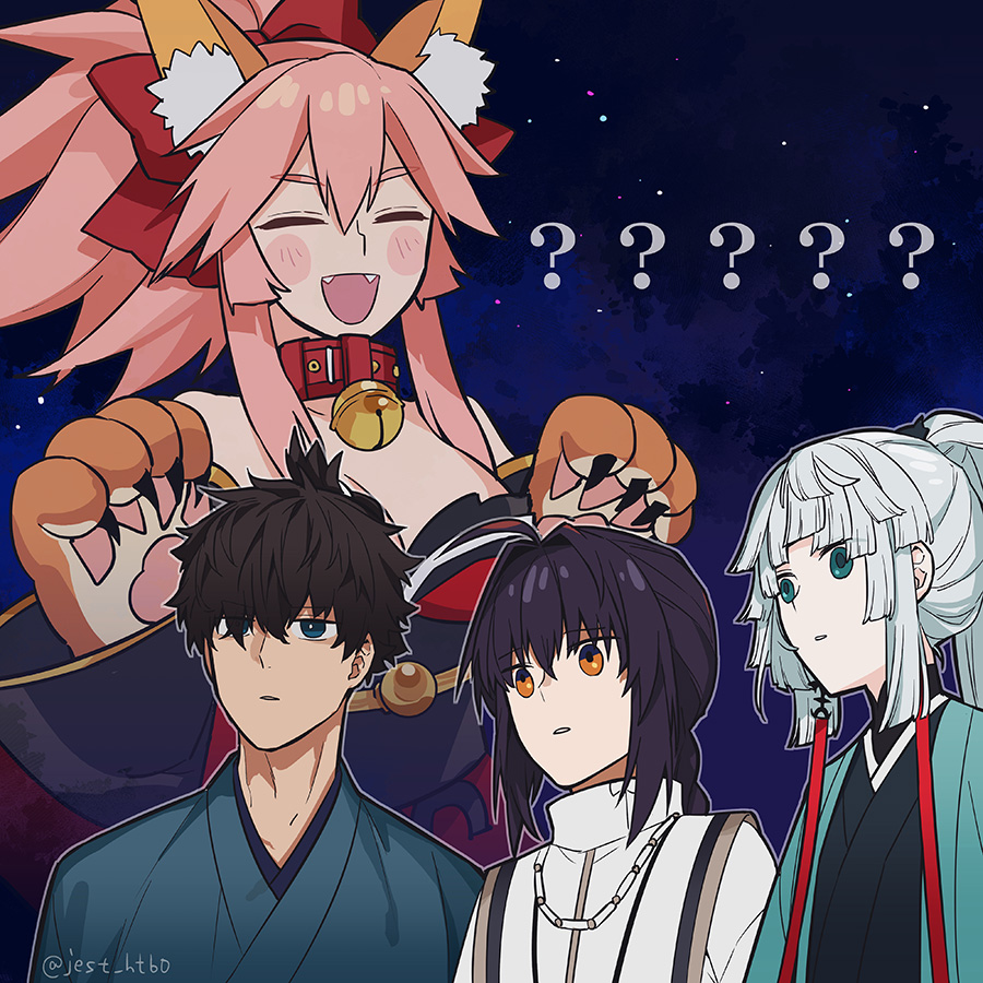 1boy 1other 2girls ? ?? ahoge androgynous animal_ears animal_hands aqua_eyes aqua_kimono bell black_hair blue_eyes blue_kimono blush_stickers braid braided_ponytail cat_paw closed_eyes fangs fate/grand_order fate/samurai_remnant fate_(series) fox_ears fox_girl gloves hair_between_eyes hair_ribbon japanese_clothes jest_ht90 kimono long_hair miyamoto_iori_(fate) multiple_girls neck_bell open_mouth orange_eyes paw_gloves pink_hair ponytail red_ribbon ribbon short_hair short_ponytail sidelocks tamamo_(fate) tamamo_cat_(fate) twitter_username yamato_takeru_(fate) yui_shousetsu_(fate)