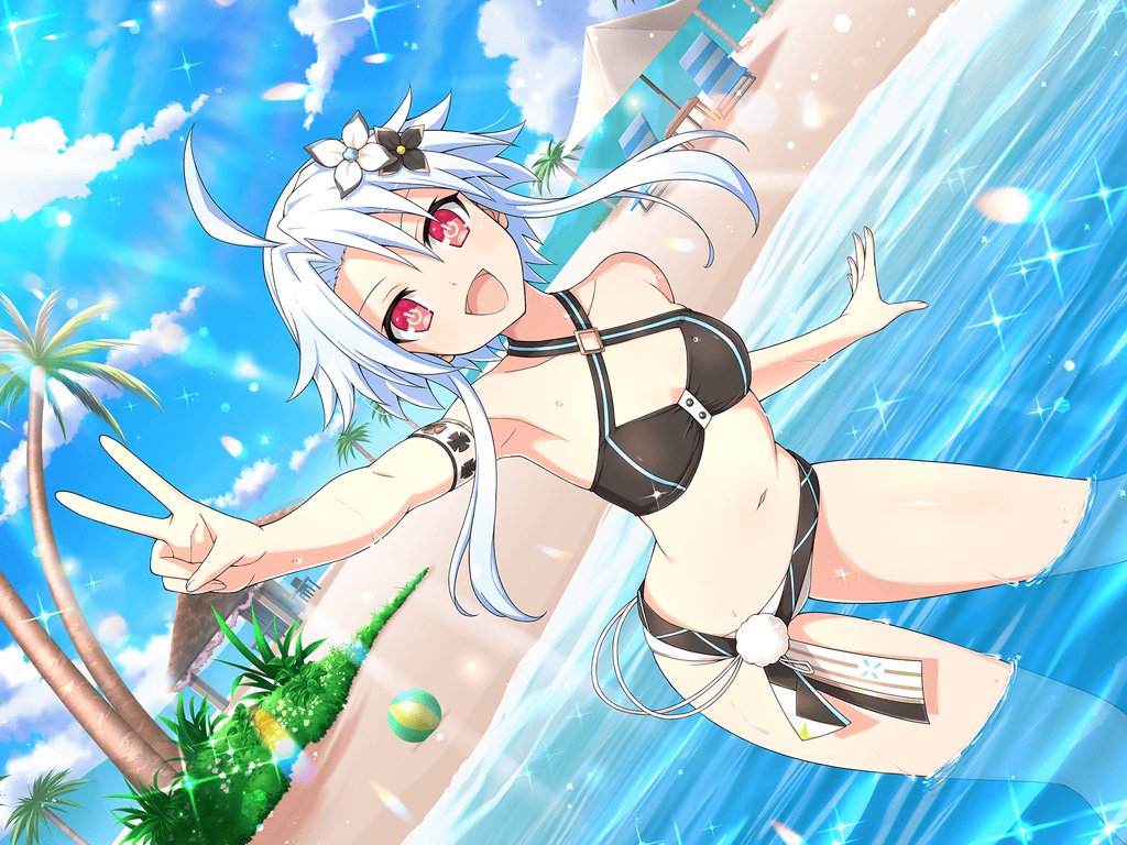 1girl ahoge armband armpit_crease armpits ball bare_shoulders beach beach_chair beach_umbrella beachball bikini black_bikini black_flower blue_hair blue_sky blush breasts cloud collarbone crossover day fern flower grass groin hair_between_eyes hair_flower hair_ornament hut in_water lens_flare light_blue_hair light_particles looking_at_viewer mountain mountainous_horizon navel neptune_(series) ocean official_art open_mouth outdoors palm_leaf palm_tree plant power_symbol power_symbol-shaped_pupils red_eyes ripples sand senran_kagura senran_nin_nin_ninja_taisen_neptune:_shoujo-tachi_no_kyouen shiny_skin shore short_hair short_hair_with_long_locks sidelocks sky small_breasts smile solo sparkle standing swimsuit symbol-shaped_pupils tongue tree umbrella v water wet white_armband white_bikini white_flower white_heart_(neptunia) yaegashi_nan