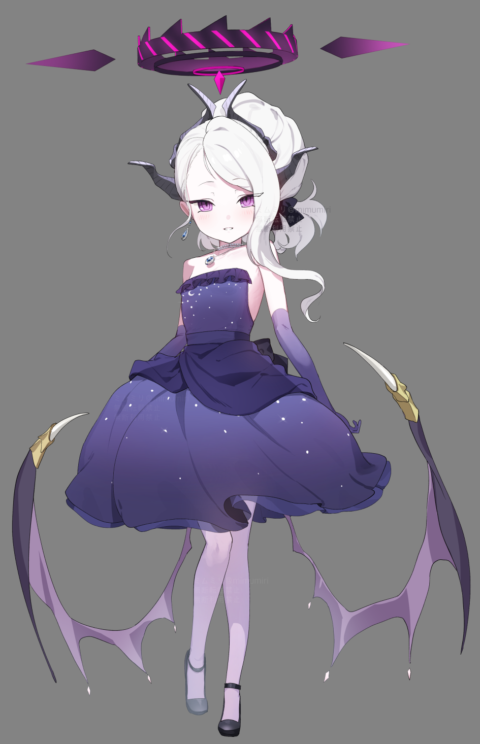 1girl :d armpits bare_shoulders bead_necklace beads black_dress black_gloves blue_archive bow collarbone dangle_earrings demon_girl demon_horns demon_wings dress earrings elbow_gloves evening_gown forehead full_body gloves grey_pantyhose hair_bow hair_ribbon half_updo halo high_heels highres hina_(blue_archive) hina_(dress)_(blue_archive) horns jewelry long_hair looking_at_viewer necklace official_alternate_costume official_alternate_hairstyle oomabiblogo2 pantyhose parted_bangs parted_lips pendant purple_eyes ribbon sidelocks single_earring smile solo strapless strapless_dress walking wavy_hair white_hair wings