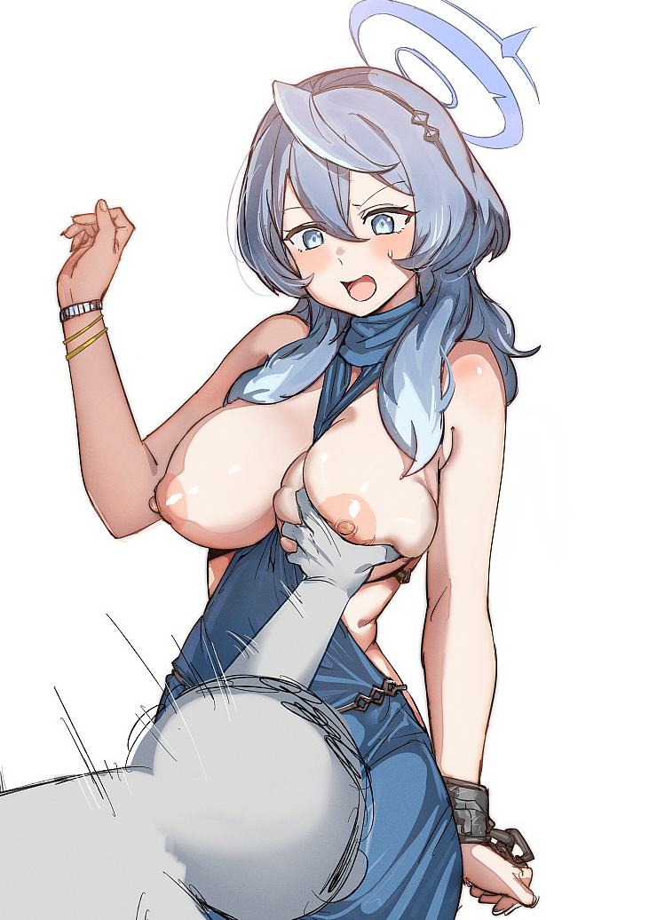 1boy 1girl ako_(blue_archive) ako_(dress)_(blue_archive) bare_shoulders between_breasts blue_archive blue_dress blue_eyes blue_hair blue_halo blush bow_(bhp) breasts breasts_out clothes_between_breasts clothes_grab cowboy_shot cuffs doodle_sensei_(blue_archive) dress grabbing grabbing_another's_breast halo large_breasts long_hair nipples no_bra official_alternate_costume open_mouth sensei_(blue_archive) sideless_dress simple_background sleeveless sleeveless_dress standing white_background