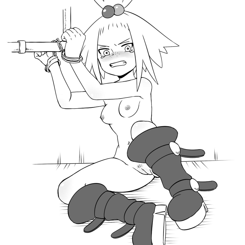 angry bad_id bad_pixiv_id blush boots breasts chained_wrists clenched_teeth cuffs freckles gooberman_(kdk5011) greyscale hair_bobbles hair_ornament handcuffs homika_(pokemon) monochrome navel nipples nude on_floor parted_lips pokemon pubic_hair pubic_stubble pussy sitting small_breasts solo tears teeth topknot uncensored