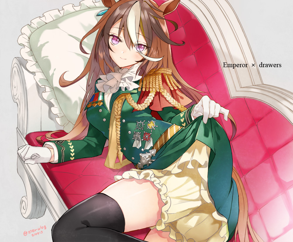 1girl aiguillette animal_ears ascot belt black_thighhighs bloomers breasts brown_hair chaise_longue closed_mouth dated dress english_text epaulettes feet_out_of_frame gloves green_dress grey_background horse_ears horse_girl horse_tail long_hair long_sleeves looking_at_viewer lying medium_breasts merueto on_side petticoat pillow pink_eyes shirt simple_background single_epaulette small_breasts smile solo symboli_rudolf_(umamusume) tail thighhighs twitter_username umamusume white_gloves white_shirt