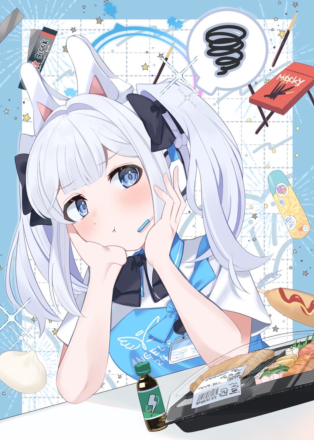1girl angel's_24_uniform_(blue_archive) animal_ears apron blue_apron blue_archive blue_eyes blue_halo blush closed_mouth collared_shirt earpiece fake_animal_ears food grey_hair halo highres long_hair looking_at_viewer miyako_(blue_archive) official_alternate_costume pocky polo_shirt pout rabbit_ears shirt short_sleeves solo tsushima_shigure white_shirt
