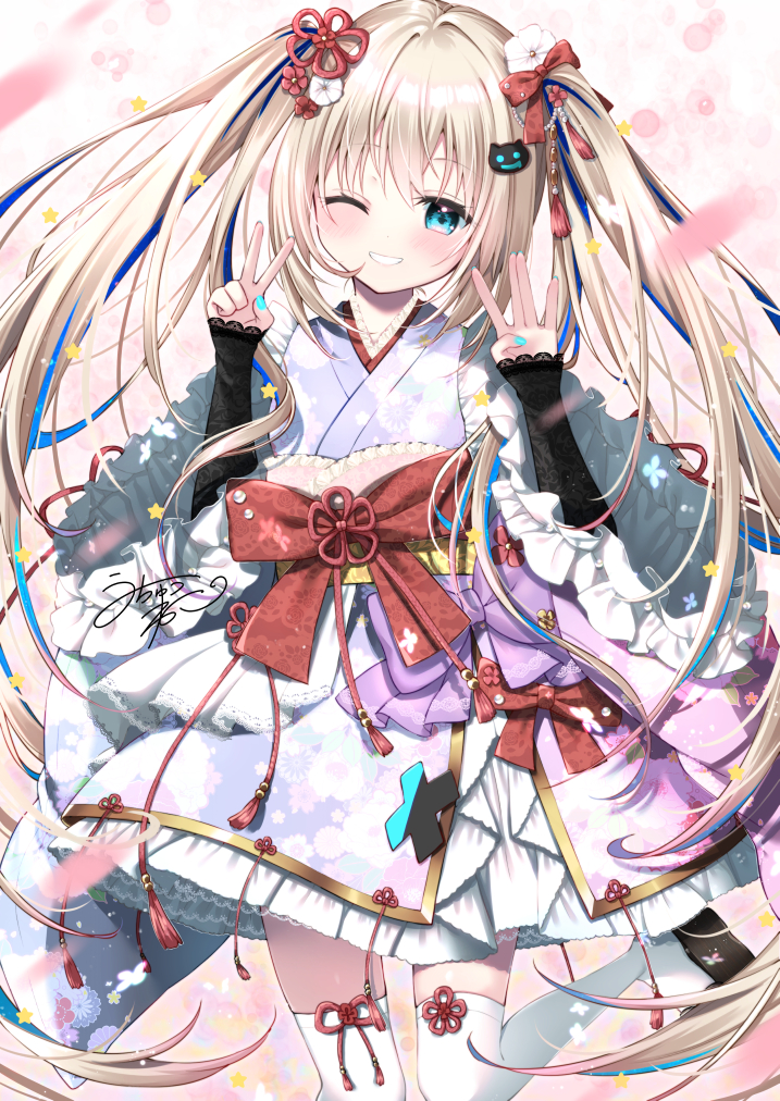 1girl black_footwear blonde_hair blue_eyes blue_hair blue_nails bow commentary_request flower grin hair_bow hair_flower hair_ornament hands_up indie_virtual_youtuber japanese_clothes kimono long_hair long_sleeves multicolored_hair nail_polish obi one_eye_closed platform_footwear purple_kimono red_bow red_flower sash signature sleeves_past_wrists smile solo standing standing_on_one_leg streaked_hair thighhighs twintails uchuuneko uchuuneko_(vtuber) very_long_hair virtual_youtuber white_flower white_thighhighs wide_sleeves