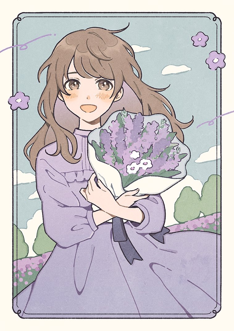 1girl :d blush border bouquet brown_eyes brown_hair cloud commentary_request cowboy_shot dress flower holding holding_bouquet long_hair long_sleeves looking_at_viewer nahara_saki open_mouth original ornate_border purple_dress purple_flower smile solo split_mouth standing white_flower wind yellow_border