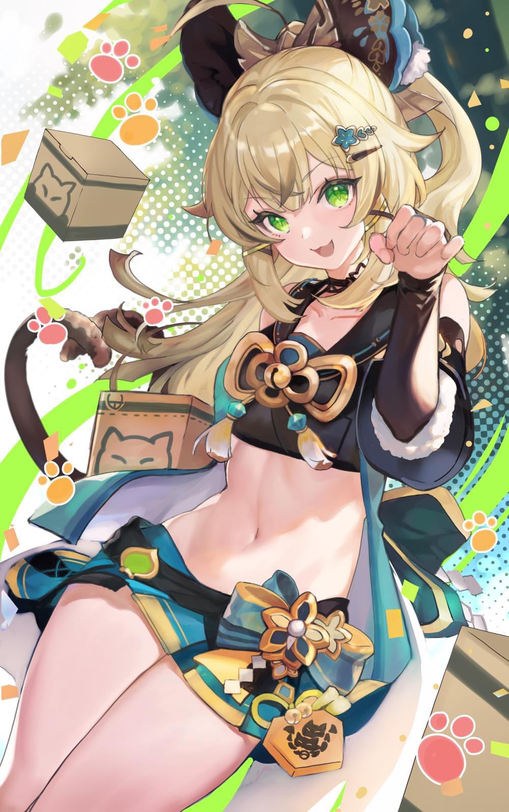 1girl :3 animal_ears bare_shoulders black_tank_top blonde_hair blue_skirt box cardboard_box cat_ears cat_girl cat_tail crop_top detached_sleeves dutch_angle genshin_impact green_eyes hair_ornament hairclip halftone halftone_background highres kirara_(genshin_impact) long_hair looking_at_viewer miniskirt multiple_tails nekomata open_mouth paw_pose paw_print sibyl skirt smile solo tail tank_top tassel two_tails