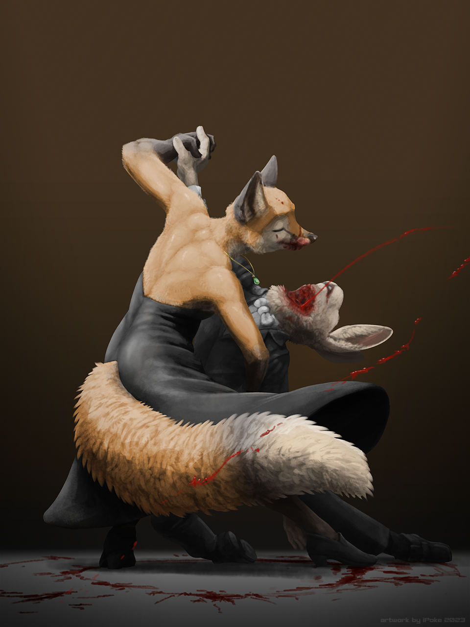 2023 anthro bitten black_nose blood blood_on_face blood_on_tail bodily_fluids canid canine clothing dancing death dress duo female fox fur gore hi_res ipoke jewelry lagomorph leporid male male/female mammal necklace orange_body orange_fur rabbit signature suit white_body white_fur