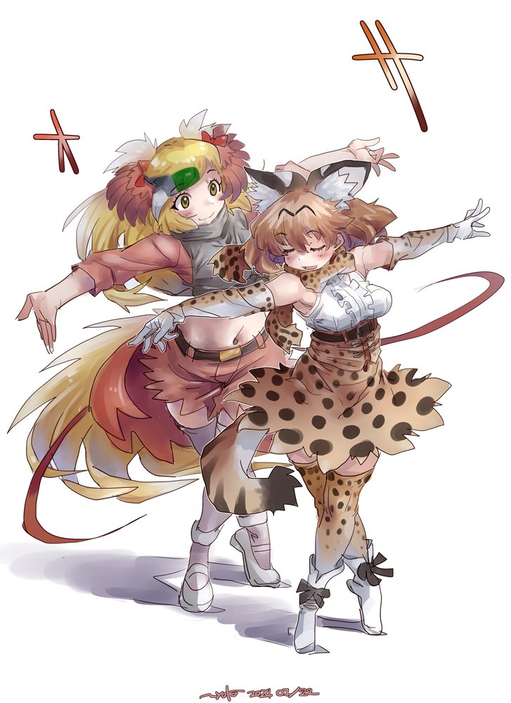 2girls animal_ears bird_tail bird_wings black_hair blonde_hair blush bow bowtie breasts dancing elbow_gloves extra_ears gloves greater_bird-of-paradise_(kemono_friends) green_hair grey_hair head_wings kemono_friends kemono_friends_3 long_hair midriff multicolored_hair multiple_girls navel nyororiso_(muyaa) open_mouth print_bow print_bowtie serval_(kemono_friends) serval_print shirt short_hair skirt sleeveless sleeveless_shirt smile tail thighhighs wings yellow_eyes