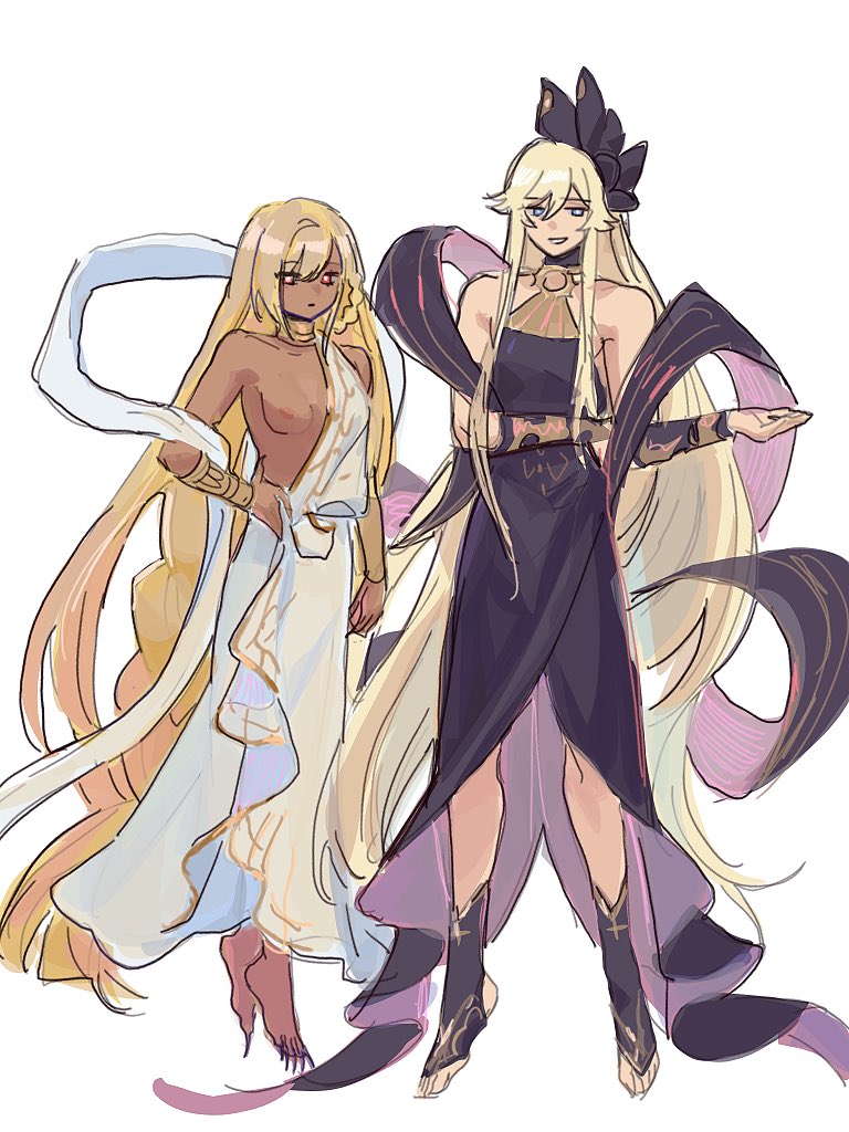 1boy 1girl absurdly_long_hair ancient_greek_clothes barefoot black_dress black_ribbon blonde_hair blue_eyes braid breasts cosplay costume_switch crossdressing dark_skin dress english_commentary expressionless flat_color floating full_body granblue_fantasy greco-roman_clothes hair_between_eyes helel_ben_sahar_(granblue_fantasy) helel_ben_shalem jewelry long_braid long_hair messy_hair nipples red_eyes ribbon robe sharp_toenails side_braid sidelocks sketch small_breasts smile stirrup_legwear toeless_legwear toenails very_long_hair wahoosandalphon white_background white_robe