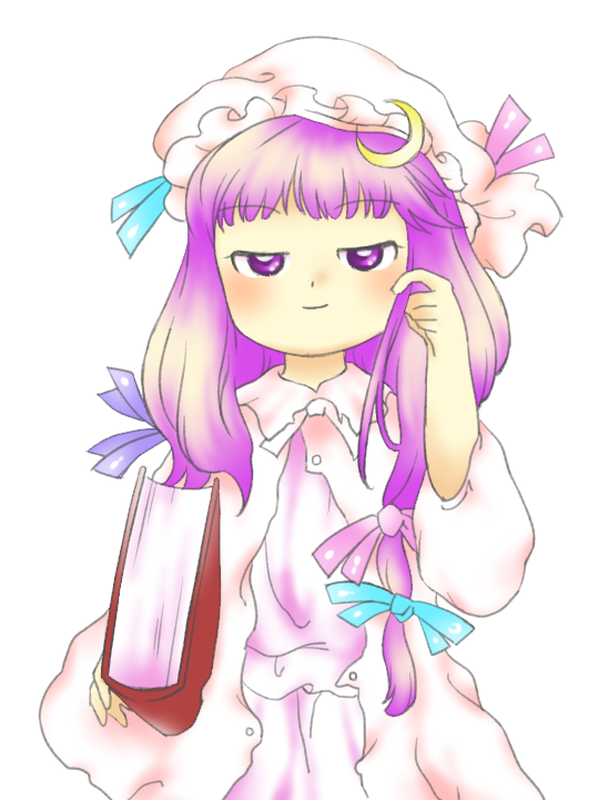 1girl blue_ribbon book closed_mouth crescent crescent_hat_ornament dress hair_ribbon hand_up hat hat_ornament holding holding_book long_hair mob_cap nonamejd official_style patchouli_knowledge pink_ribbon purple_eyes purple_hair purple_ribbon ribbon simple_background smile solo touhou tress_ribbon white_background white_headwear zun_(style)