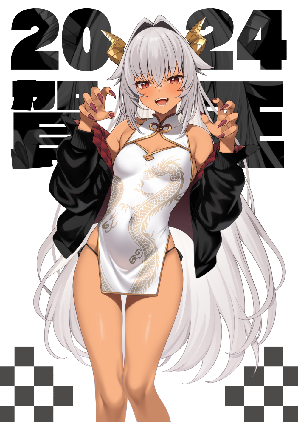 1girl 2024 bare_shoulders breasts china_dress chinese_clothes cleavage_cutout clothing_cutout dark-skinned_female dark_skin dragon_girl dragon_horns dragon_tail dress enjo_kouhai fingernails grey_hair hair_intakes highres horns long_hair looking_at_viewer red_eyes red_nails sharp_fingernails short_dress small_breasts smile solo tail takunomi teeth ursula_(takunomi) white_hair