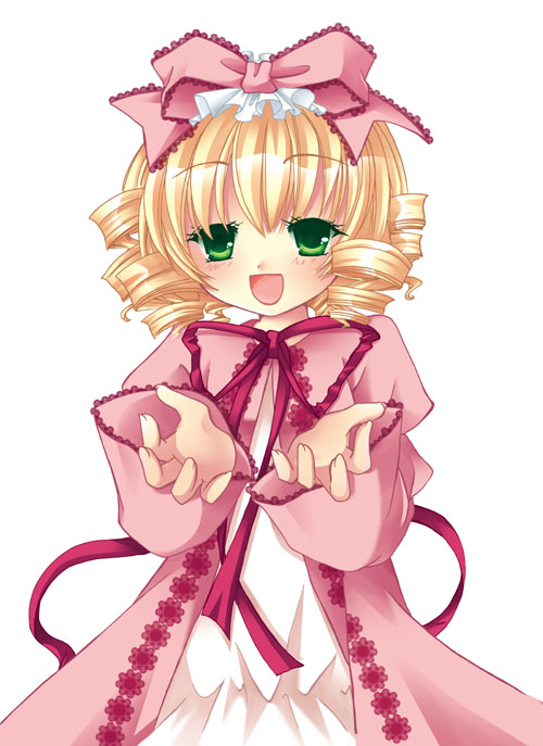 1girl :d blonde_hair blush bow coat commentary_request cowboy_shot dress drill_hair frilled_bow frills green_eyes hair_bow hands_up hinaichigo lolita_fashion long_sleeves looking_at_viewer medium_bangs morinaga_hinase neck_ribbon open_mouth pink_bow pink_coat quad_drills red_ribbon ribbon rozen_maiden short_hair simple_background smile solo white_background white_dress