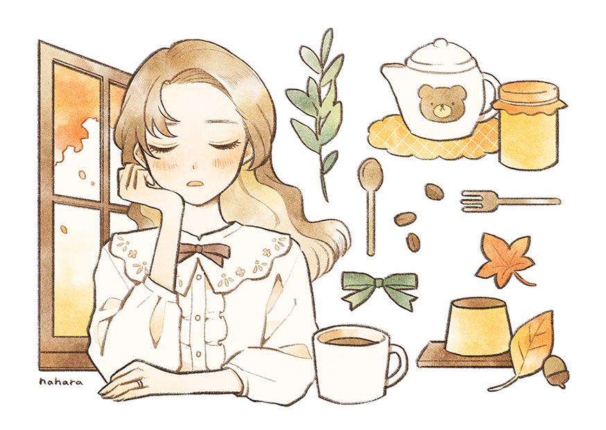 1girl artist_name black_bow blonde_hair blush bow buttons center_frills closed_eyes coffee coffee_beans coffee_mug commentary_request cropped_torso cup drink facing_viewer food fork frilled_shirt frills green_bow hand_on_own_cheek hand_on_own_face head_rest jewelry leaf long_hair mug nahara_saki open_mouth original pudding puffy_sleeves ring shirt sigh simple_background sleeves_past_elbows solo spoon swept_bangs thinking upper_body white_background white_shirt window