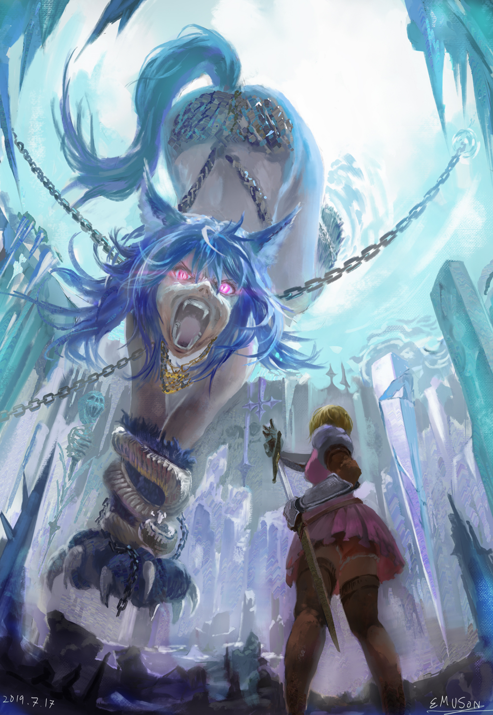 2girls animal_ears animal_hands blonde_hair blue_hair boots bound bound_wrists brown_footwear chain dated djeeta_(granblue_fantasy) dress emuson fangs fenrir_(shingeki_no_bahamut) from_behind glowing glowing_eyes granblue_fantasy highres holding holding_sword holding_weapon multiple_girls open_mouth pink_dress red_eyes restrained short_hair signature size_difference sword tail thigh_boots weapon wolf_ears wolf_girl wolf_tail