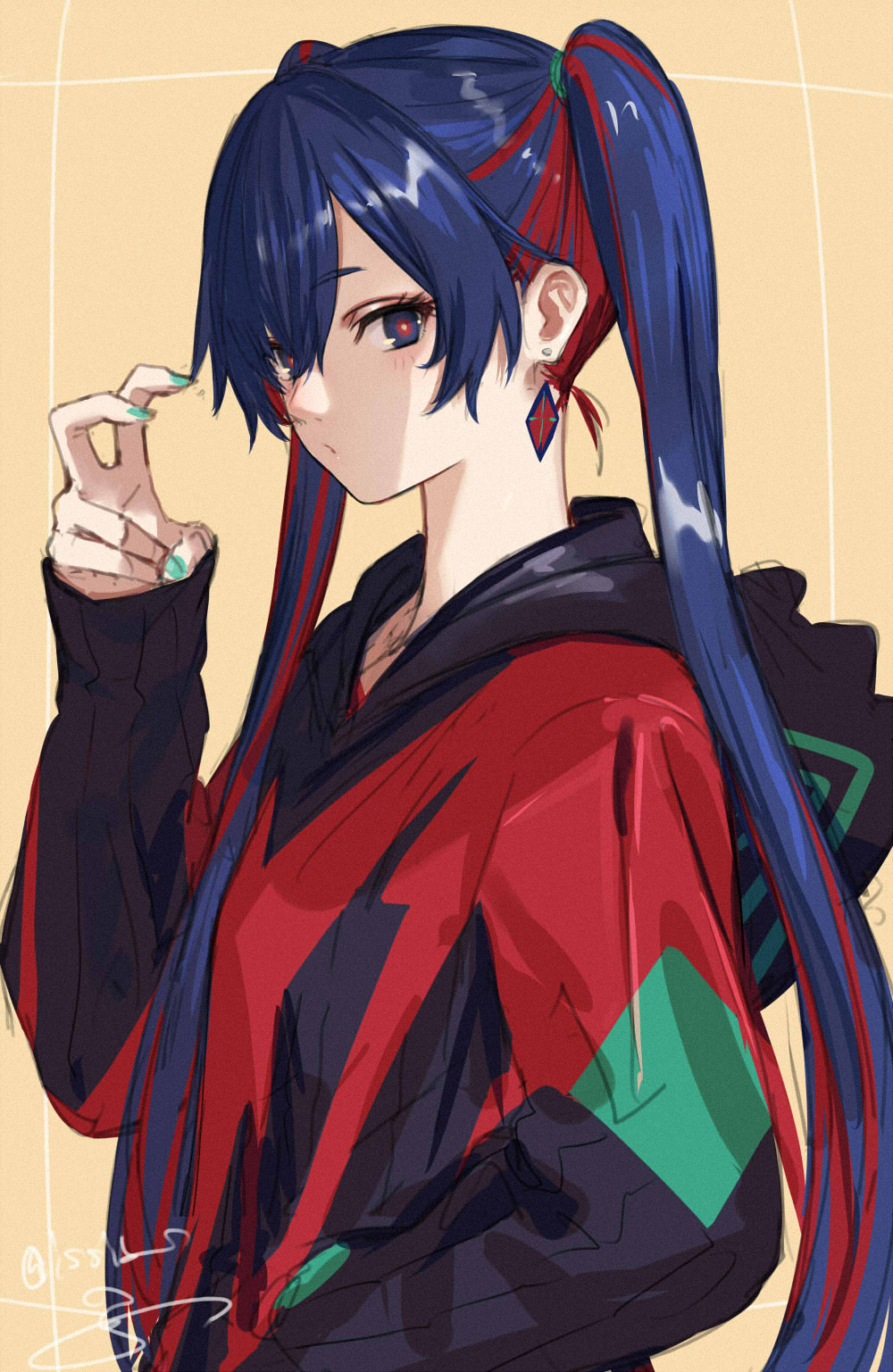 1girl alternate_hair_length alternate_hairstyle bent_v black_jacket blue_eyes blue_hair blue_nails closed_mouth colored_inner_hair commentary diamond_earrings earrings from_side hand_in_pocket hand_up highres hood hooded_jacket isshiki_(ffmania7) jacket jewelry kamitsubaki_studio light_blush long_hair long_sleeves multicolored_clothes multicolored_eyes multicolored_hair multicolored_jacket red_eyes red_hair red_jacket rim_(kamitsubaki_studio) simple_background solo symbol-only_commentary twintails upper_body virtual_youtuber yellow_background yellow_pupils