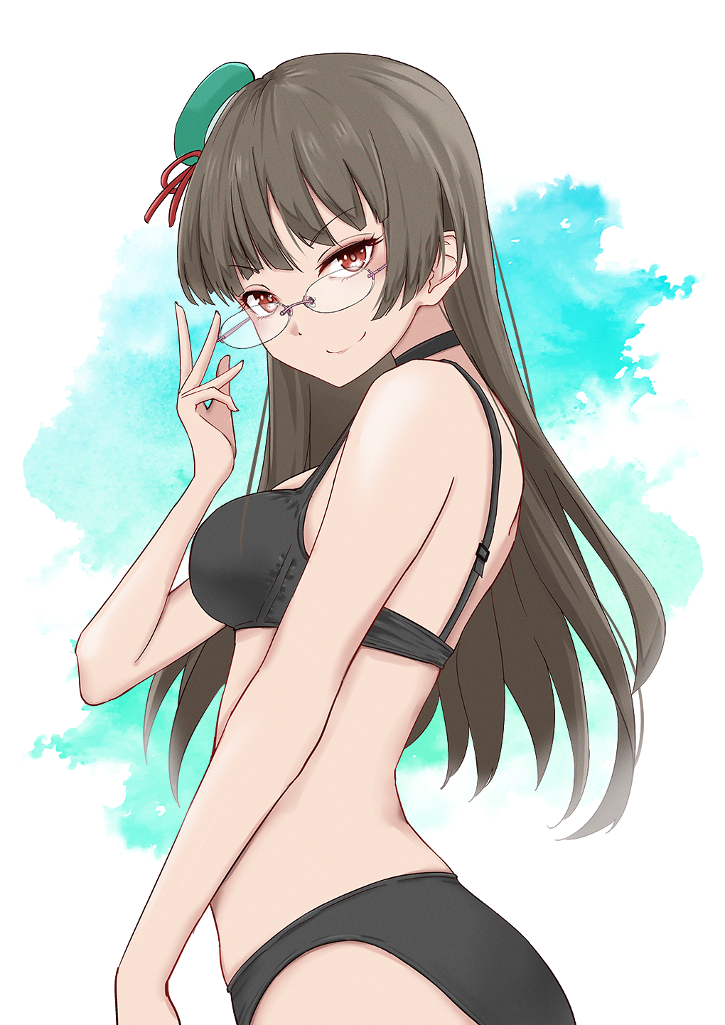 1girl alternate_costume bare_shoulders beret black_bra black_hair black_panties blue_headwear bra breasts choukai_(kancolle) closed_mouth commentary_request cowboy_shot glasses hat highres kantai_collection long_hair looking_at_viewer medium_breasts neve_(morris-minicooper) panties red_eyes semi-rimless_eyewear smile solo underwear white_background