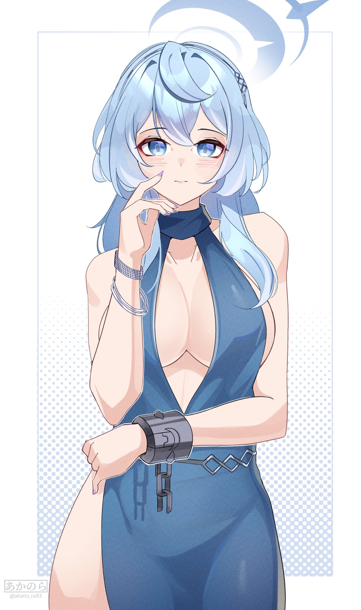 1girl akanora ako_(blue_archive) ako_(dress)_(blue_archive) bare_shoulders blue_archive blue_dress blue_eyes blue_hair blue_halo blush breasts commentary cuffs dress hair_ornament halo highres large_breasts looking_at_viewer medium_hair plunging_neckline simple_background