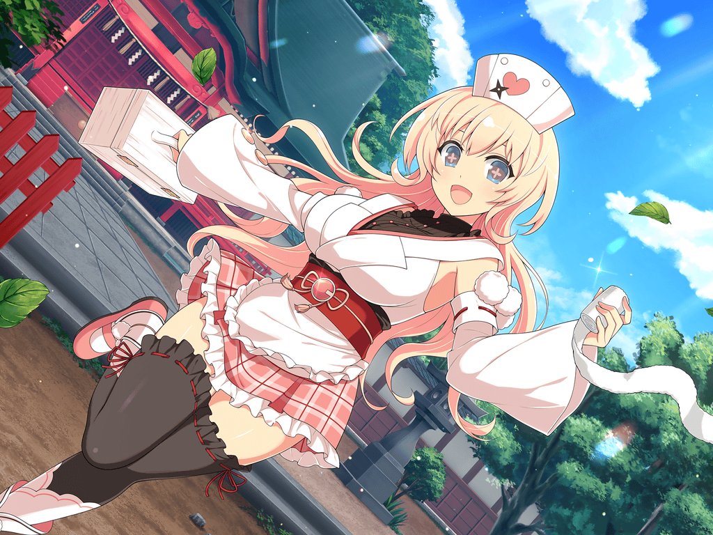 +_+ 1girl apron architecture armpits bandages black_shirt black_thighhighs black_undershirt blonde_hair blue_eyes blue_sky blush box breasts building choujigen_game_neptune cloud compa compa_(cosplay) cosplay crossover day detached_sleeves dirt donation_box east_asian_architecture falling_leaves fence first_aid_kit flower-shaped_pupils frilled_apron frilled_shirt frilled_skirt frilled_thighhighs frills grass handle hat heart heart_print hibari_(senran_kagura) holding holding_bandages holding_box japanese_clothes kagan lantern large_breasts lattice leaf lens_flare light_particles long_hair looking_at_viewer miniskirt neptune_(series) ninja nurse nurse_cap obi obiage obijime official_alternate_costume official_art open_mouth outdoors pagoda pink_eyes pink_footwear pink_hair pink_pupils plaid plaid_skirt plant pom_pom_(clothes) post_and_rail_fence ribbon-trimmed_sleeves ribbon-trimmed_thighhighs ribbon_trim rock rope sash senran_kagura senran_kagura_new_link senran_kagura_shoujo-tachi_no_shin'ei senran_nin_nin_ninja_taisen_neptune:_shoujo-tachi_no_kyouen shide shimenawa shiny_skin shirt shoes shrine shuriken skirt sky smile solo sparkle stairs standing standing_on_one_leg stone_lantern symbol-shaped_pupils tassel temple thighhighs thighs tiles tree undershirt weapon white_apron wooden_fence yaegashi_nan