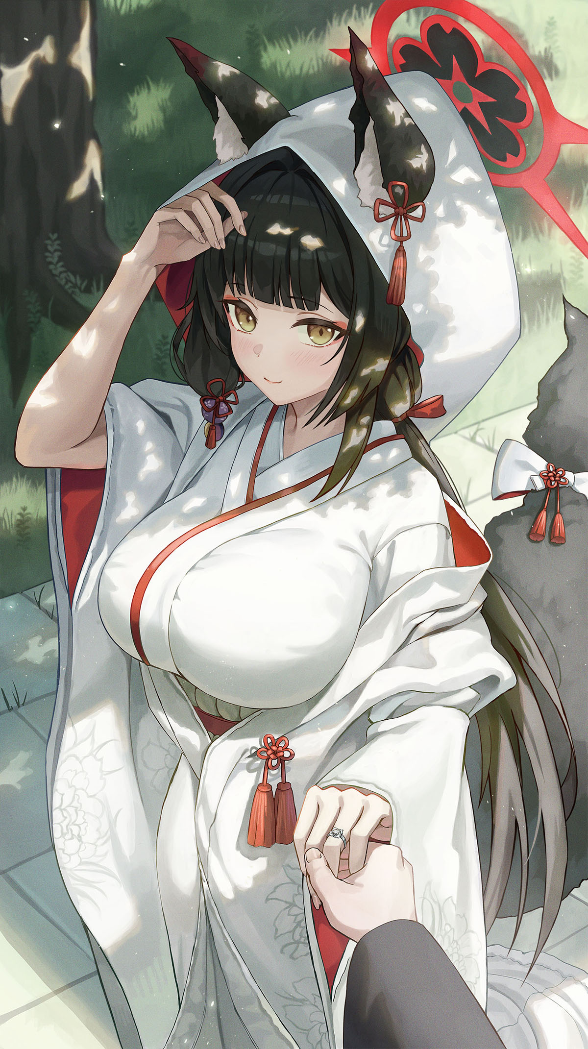 1girl 1other alternate_costume animal_ears black_hair blue_archive breasts bride commentary_request fox_ears halo highres holding hood hooded_kimono japanese_clothes jewelry kimono large_breasts long_hair looking_at_viewer ring slime_nyang smile solo uchikake wakamo_(blue_archive) wedding wedding_ring white_hood white_kimono yellow_eyes