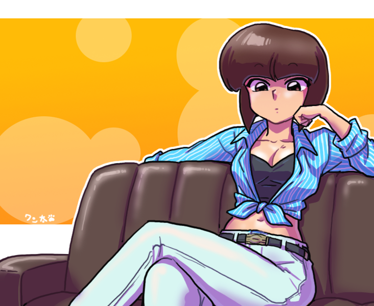 1girl arm_rest artist_name belt belt_buckle black_belt black_shirt blue_shirt blunt_bangs blunt_ends bob_cut border breasts brown_eyes brown_hair buckle circle cleavage collarbone collared_shirt commentary couch crop_top crossed_legs denim dress_shirt elbow_rest feet_out_of_frame front-tie_top gradient_background hand_on_own_face head_rest inverted_bob jeans letterboxed looking_at_viewer medium_breasts midriff navel on_couch open_clothes open_shirt outline outside_border overshirt pants pinstripe_pattern pinstripe_shirt ranma_1/2 shirt short_hair signature sitting solo striped_clothes striped_shirt tendou_nabiki vertical-striped_clothes vertical-striped_shirt wanta_(futoshi) white_border white_outline white_pants white_shirt yellow_background