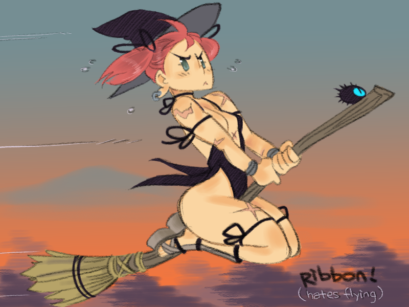 black_dress breasts broom broom_riding center_opening choker deneb_ribbon dress earrings green_eyes hair_ribbon hat jason_robinson jewelry legs_together no_panties original pink_hair red_hair revealing_clothes ribbon ribbon_choker scar short_hair short_twintails side_slit small_breasts solo spaghetti_strap twintails witch witch_hat