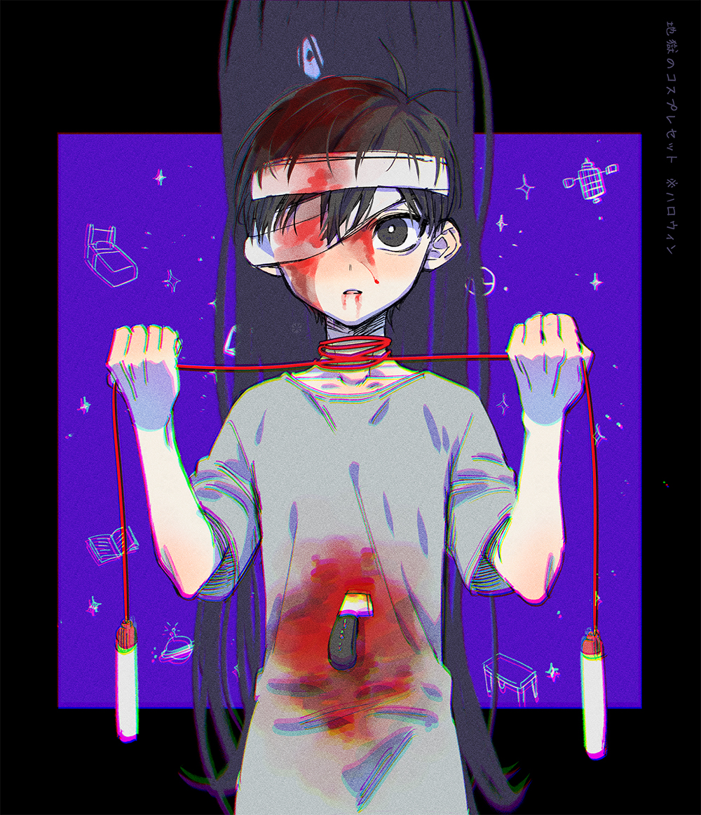 1boy antenna_hair bandage_over_one_eye bandaged_head bandages black_border black_eyes black_hair bleeding blood blood_in_hair blood_on_bandages blood_on_clothes blood_on_face border bright_pupils chromatic_aberration collarbone commentary_request cowboy_shot grey_shirt hands_up holding holding_rope injury jump_rope kitchen_knife knife knife_in_chest looking_at_viewer male_focus omori one_eye_covered outside_border parted_lips purple_background rope rope_around_neck serious shirt short_hair short_sleeves something_(omori) stab standing straight-on strangling sunny_(omori) toastytoast white_pupils