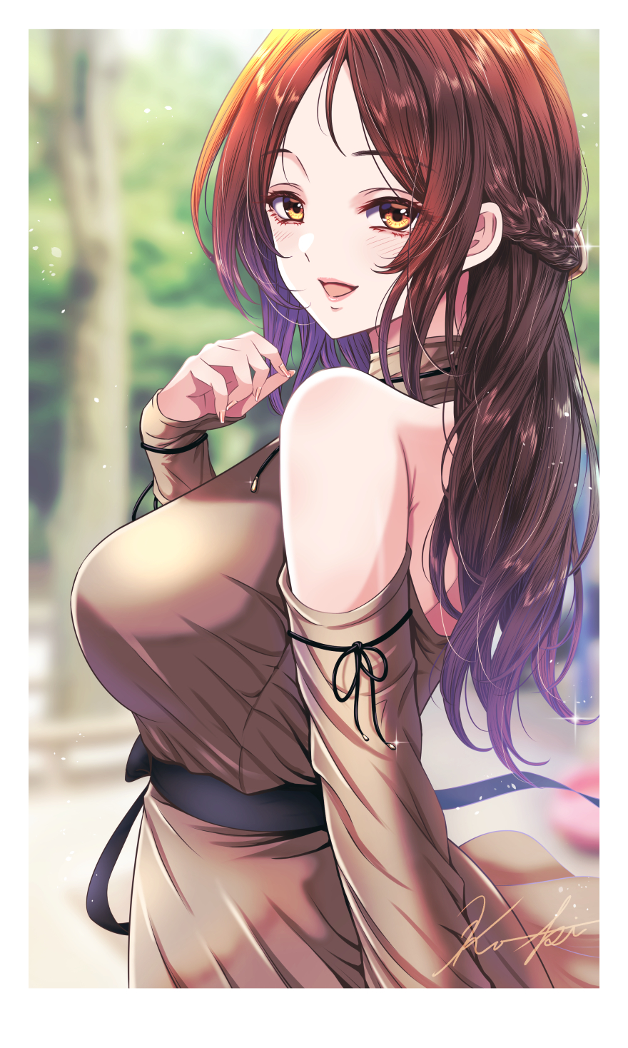 1girl ayase_honoka blurry blurry_background blush braid breasts brown_dress commentary_request detached_sleeves dress highres idolmaster idolmaster_cinderella_girls koya_(koya_x_00) large_breasts long_hair looking_back looking_to_the_side outdoors signature smile solo very_long_hair