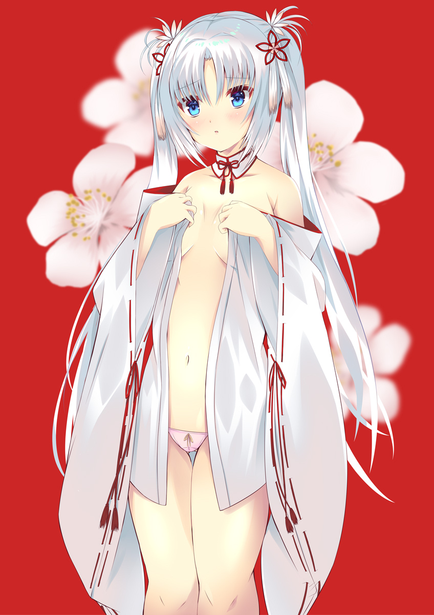 1girl bare_shoulders blue_eyes blush breasts breasts_apart collarbone commentary_request commission covering_breasts covering_privates detached_collar eyes_visible_through_hair feet_out_of_frame flower futami_kazuha hair_between_eyes hair_flower hair_ornament hands_up highres japanese_clothes kimono long_hair long_sleeves looking_afar miko navel no_bra open_clothes open_kimono panties parted_lips pink_flower pink_panties red_background ribbon-trimmed_sleeves ribbon_trim senren_banka shy simple_background skeb_commission solo standing straight_hair thigh_gap tomotake_yoshino twintails underwear very_long_hair white_hair white_kimono wide_sleeves