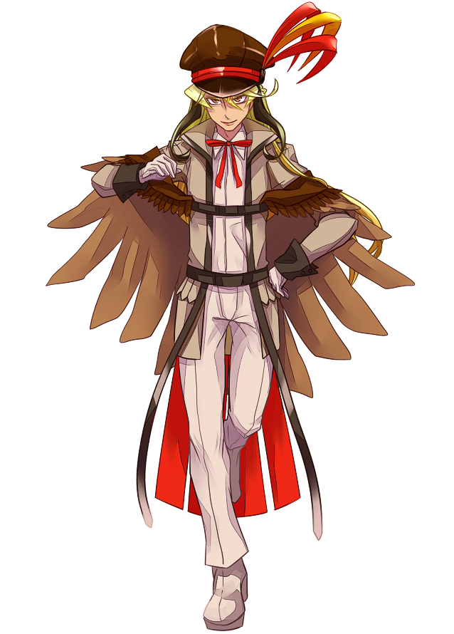 1boy blonde_hair brown_cape brown_coat brown_headwear cape coat full_body gloves hair_between_eyes hand_on_own_hip hat_feather long_sleeves male_focus mugen_infinite pants personification pidgeot pokemon solo standing white_background white_gloves