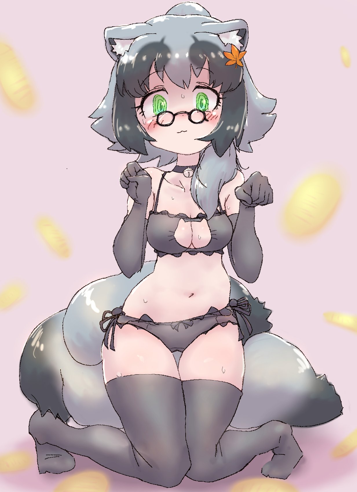 1girl animal_ears animal_print bell black_bra black_hair black_panties blush bra breasts cat_bra cat_cutout cat_lingerie cat_panties cat_print cleavage_cutout clothing_cutout danzaburou-danuki_(kemono_friends) glasses green_eyes grey_hair highres jingle_bell k_(susiinochi24) kemono_friends kemono_friends_3 large_breasts looking_at_viewer meme_attire multicolored_hair navel neck_bell necktie panties paw_pose print_panties raccoon_ears raccoon_girl raccoon_tail side-tie_panties solo tail thighhighs underwear underwear_only