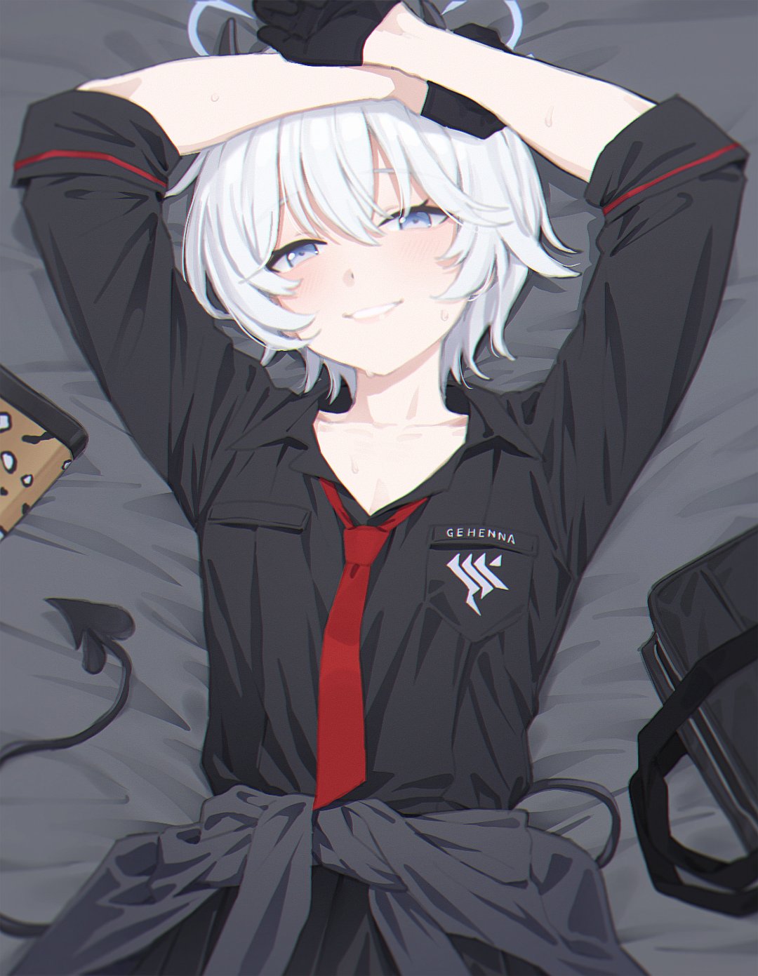 1girl arms_up bag bed_sheet black_bag black_gloves black_shirt blue_archive blue_eyes demon_girl demon_tail erika_(blue_archive) gloves hair_between_eyes halo highres looking_at_viewer lying mikazuchi_zeus necktie on_back on_bed red_necktie shirt short_hair smile solo tail unworn_bag white_hair