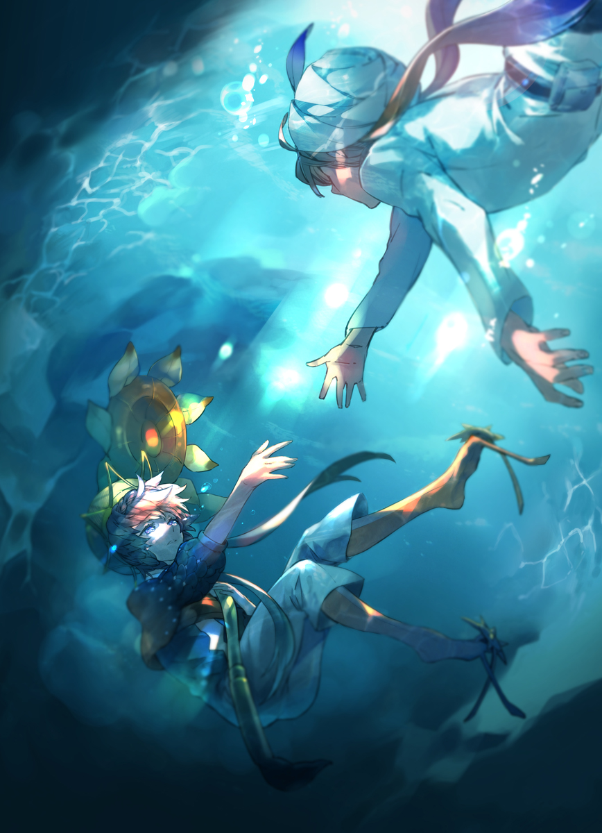 1boy 1girl air_bubble belt black_belt black_jacket brown_pants bubble captain_america falling fate/grand_order fate_(series) fingernails flower gradient_hair hat_feather highres jacket kotobuki_toro long_hair long_sleeves multicolored_hair pants pink_hair ponytail reaching sunflower turban twintails underwater van_gogh_(fate) white_headwear white_pants yellow_flower