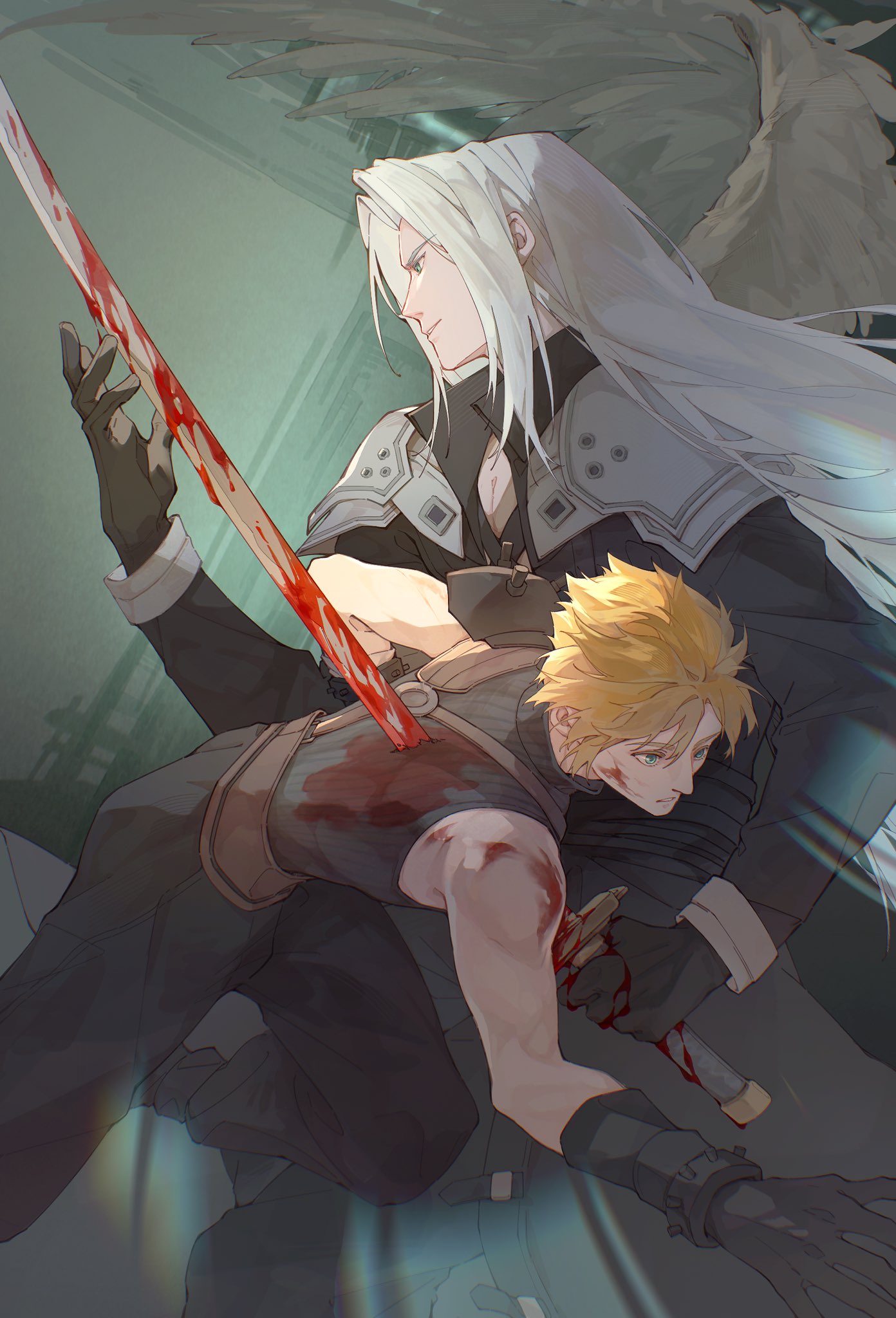 2boys armor black_coat black_footwear black_gloves black_pants blonde_hair blood blood_on_clothes blood_on_face blood_on_weapon blue_eyes chest_strap cityscape cloud_strife coat expressionless facing_to_the_side falling feathered_wings final_fantasy final_fantasy_vii gloves green_eyes grey_hair hands_up hashtag_only_commentary high_collar highres holding holding_sword holding_weapon impaled katana leather_belt light_smile long_coat long_hair long_sleeves male_focus multiple_boys night outdoors p15fkezctxpylsa pants parted_bangs parted_lips pauldrons sephiroth shoulder_armor single_pauldron single_wing sleeveless sleeveless_turtleneck standing suspenders sword turtleneck weapon white_wings wings