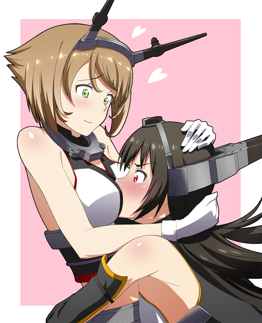 bad_id bad_pixiv_id bare_shoulders black_hair breast_smother breasts brown_hair elbow_gloves futami_(mg42fw190d) gloves green_eyes hairband hands_on_another's_head headband headgear heart hug kantai_collection large_breasts long_hair looking_at_another midriff multiple_girls mutsu_(kantai_collection) nagato_(kantai_collection) navel pink_background profile red_eyes short_hair simple_background skirt yuri