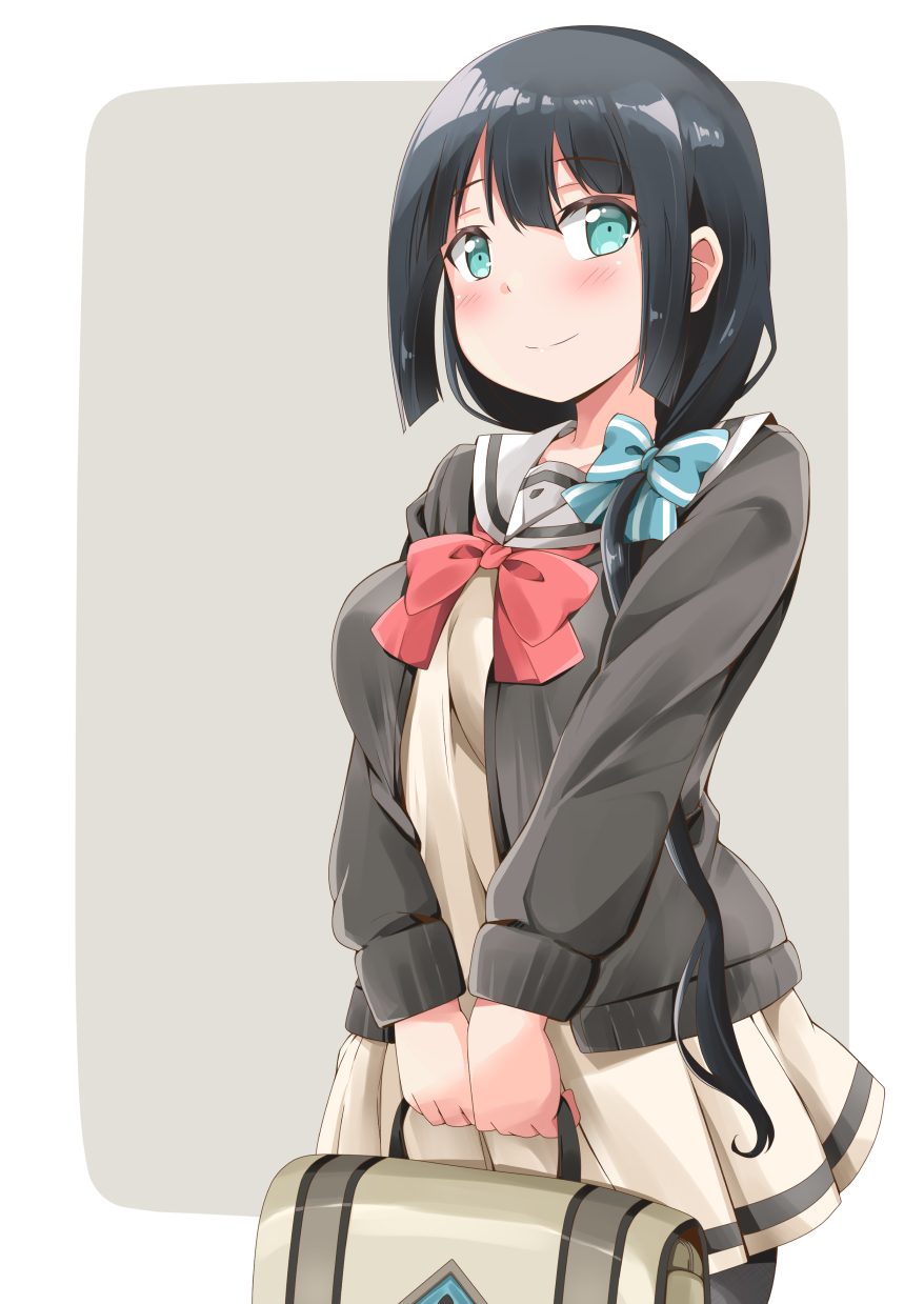 1girl aqua_eyes bag black_cardigan black_hair black_pantyhose blush breasts brown_dress cardigan closed_mouth commentary_request dress hair_over_shoulder hair_ribbon highres holding holding_bag kanosawa large_breasts long_hair long_sleeves looking_at_viewer pantyhose ribbon sailor_collar school_bag school_uniform simple_background smile solo standing tougou_mimori white_sailor_collar yuuki_yuuna_wa_yuusha_de_aru yuusha_de_aru