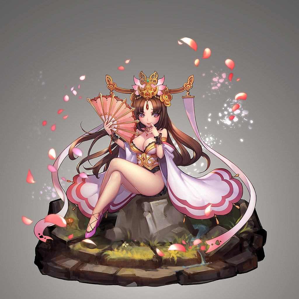breasts brown_hair cleavage detached_sleeves diao_chan fan faux_figurine finger_in_mouth folding_fan headwear large_breasts long_hair petals purple_eyes romance_of_the_three_kingdoms ryushin sitting smile solo stone