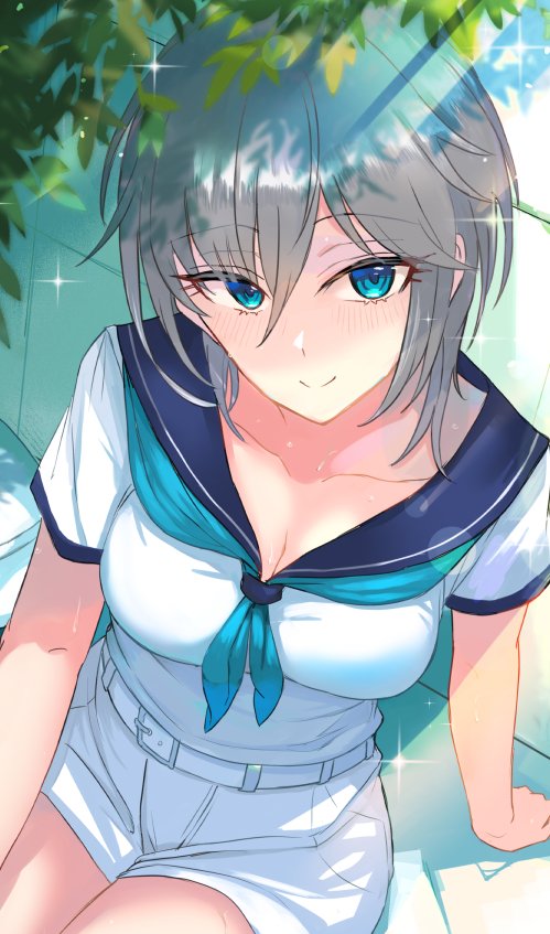 1girl anastasia_(idolmaster) arm_support ashita_(2010) belt blue_eyes blue_neckerchief blue_sailor_collar blush breasts cleavage closed_mouth dappled_sunlight dot_nose from_above grey_hair hair_between_eyes idolmaster idolmaster_cinderella_girls idolmaster_cinderella_girls_starlight_stage looking_at_viewer looking_up medium_breasts neckerchief sailor_collar shirt short_hair shorts sitting smile solo sparkle sunlight sweat tree white_belt white_shirt white_shorts