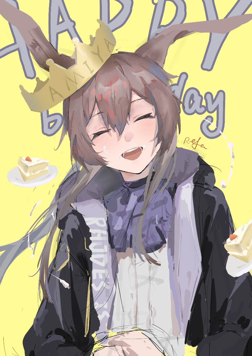 1girl :d amiya_(arknights) animal_ears arknights black_jacket blush brown_hair cake cake_slice character_name closed_eyes commentary cream crown english_commentary facing_viewer food food_on_face grey_shirt hair_between_eyes happy happy_birthday head_tilt hood hood_down jacket long_hair long_sleeves open_clothes open_jacket open_mouth paper_crown plate rabbit_ears rabbit_girl reach_far_away_(viuooczy) shirt sidelocks sketch smile solo teeth unfinished upper_body upper_teeth_only yellow_background
