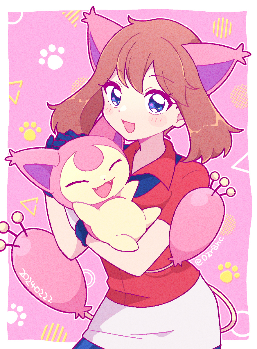 0zr8hc 1girl :d animal_ears blue_eyes brown_hair cat_day cat_ears cat_tail dated gloves highres holding holding_pokemon looking_at_viewer may_(pokemon) open_mouth paw_print paw_print_background pink_background pokemon pokemon_(anime) pokemon_(creature) pokemon_rse_(anime) red_shirt shirt short_sleeves skitty smile tail twitter_username