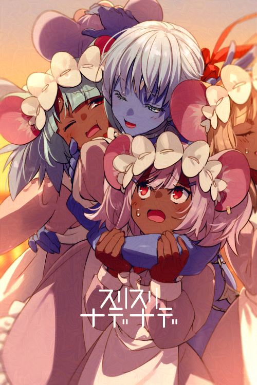 5girls animal_ears apron bare_shoulders blue_eyes blue_skin breasts brown_dress closed_eyes colored_skin daikokuten_(fate) dark-skinned_female dark_skin dress earrings echo_(circa) extra_arms fate/grand_order fate_(series) hair_ribbon headpat hug jewelry kali_(fate) long_hair long_sleeves maid_headdress mouse_ears mouse_girl multiple_girls neck_ring one_eye_closed open_mouth pink_dress pink_hair red_eyes ribbon short_hair smile third_eye translation_request twintails wavy_mouth white_apron white_hair