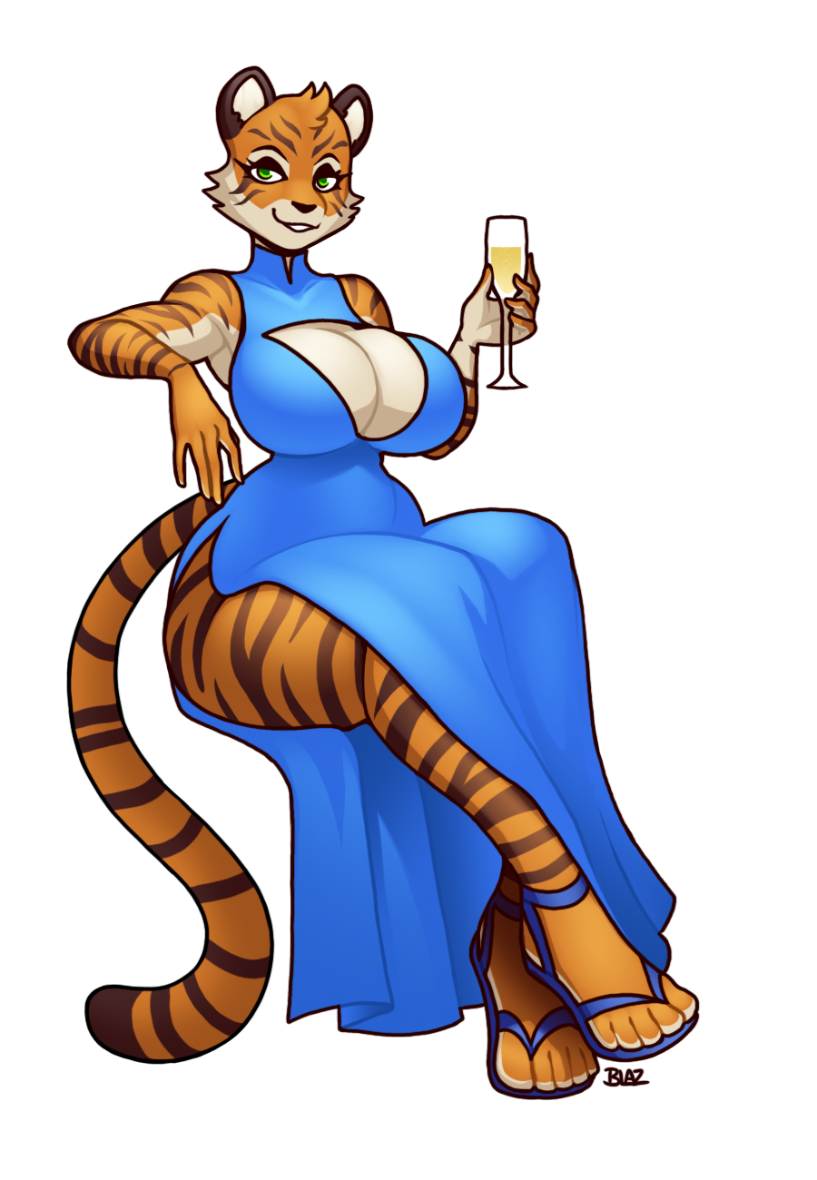 2024 alcohol anthro beverage big_breasts blazbaros blue_clothing blue_dress breasts champagne champagne_glass cleavage clothed clothing dress eyelashes feet felid female footwear fur green_eyes hi_res huge_breasts humanoid_feet looking_at_viewer mammal orange_body orange_fur pantherine plantigrade sandals smile solo striped_body striped_fur stripes tan_body tan_fur thick_thighs tiger