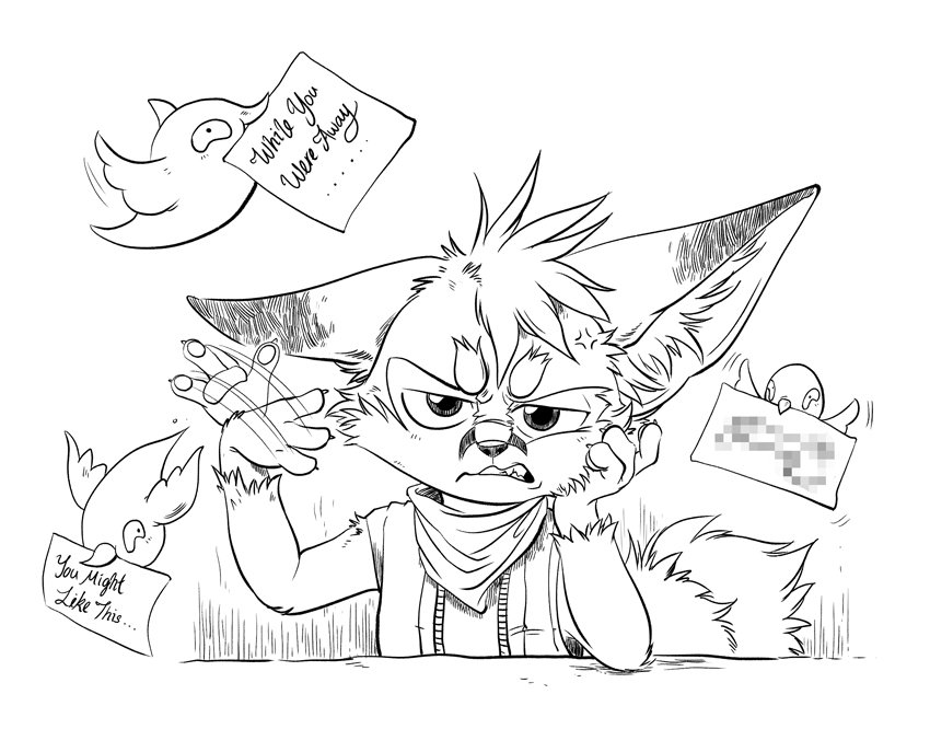 2016 ambiguous_gender annoyed anthro bandanna canid canine clothed clothing comic english_text feathered_wings feathers feral flying fox frown fur greyscale group hair kerchief looking_at_viewer male mammal monochrome red_fox scowl silverfox5213 silverfox5213_(character) text true_fox twitter_bird waving_hand wings