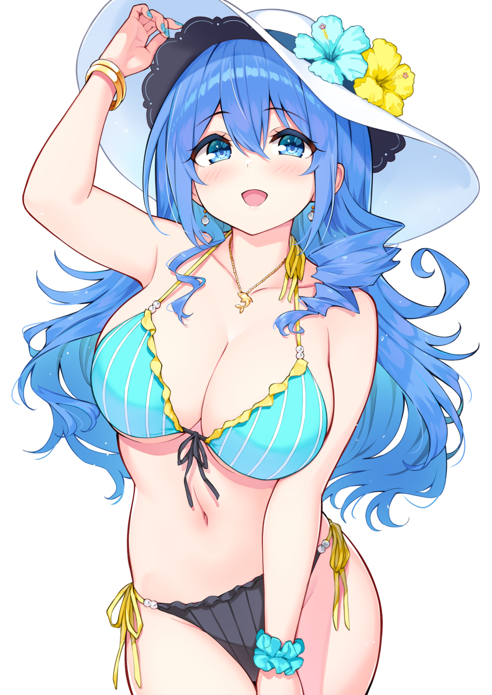 1girl arm_up armpits bangle bare_shoulders bikini blue_bikini blue_eyes blue_hair blue_nails bracelet breasts cleavage cowboy_shot cu-no drill_hair earrings flower front-tie_bikini_top front-tie_top halterneck hat hat_flower hibiscus highres hisen_kaede jewelry kohitsuji_ai large_breasts long_hair looking_at_viewer nail_polish navel necklace open_mouth original scrunchie side-tie_bikini_bottom simple_background smile solo stomach strap_gap string_bikini striped_bikini striped_clothes sun_hat swimsuit white_background white_headwear wrist_scrunchie