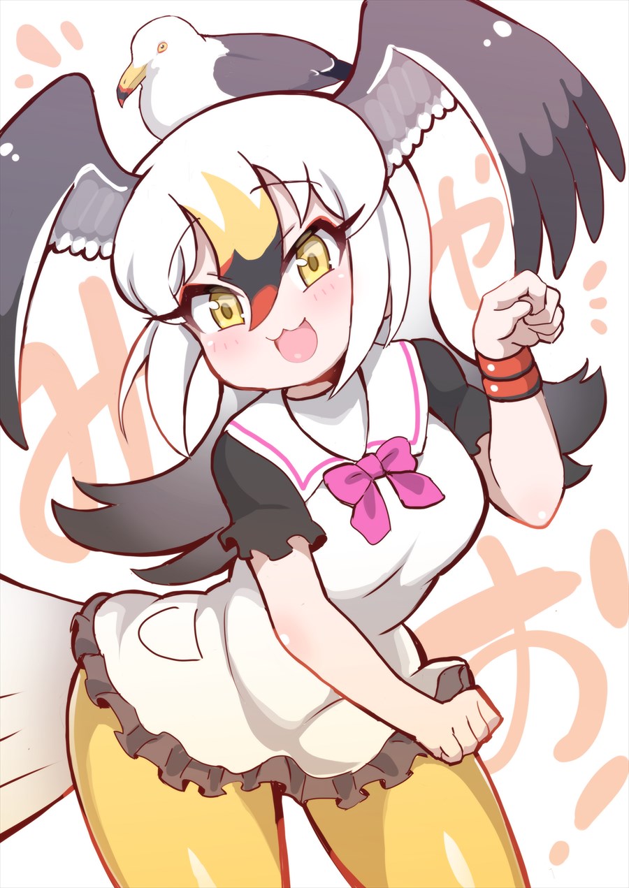 1girl :3 bird bird_girl bird_tail bird_wings black-tailed_gull_(kemono_friends) black_hair blonde_hair blush bow bowtie breasts cat_day dress grey_hair hair_between_eyes head_wings highres kemono_friends kemono_friends_3 large_breasts long_hair looking_at_viewer multicolored_hair open_mouth pantyhose paw_pose sailor_dress seagull short_sleeves smile solo tail tanaka_kusao white_hair wings yellow_eyes yellow_pantyhose