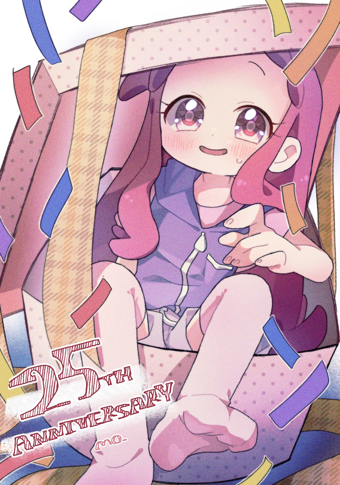 1girl anniversary blush box commentary confetti english_commentary gift gift_box harukaze_doremi highres hood hooded_jacket in_box in_container jacket knees_up long_hair looking_at_viewer mo_(mo_ojmj) no_shoes ojamajo_doremi open_mouth pink_eyes pink_hair pink_shirt pink_thighhighs purple_jacket shirt short_sleeves sitting sleeveless sleeveless_jacket smile soles solo thighhighs very_long_hair