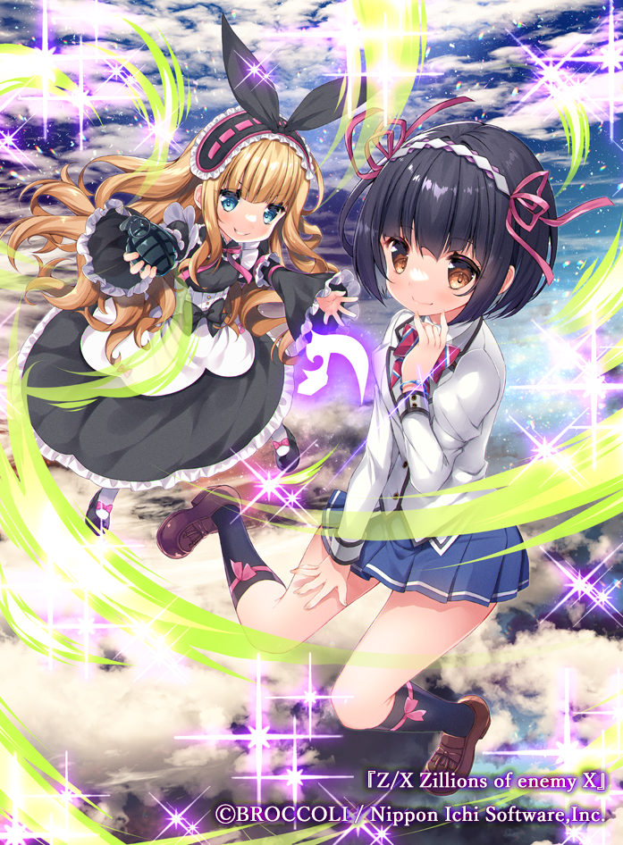 2girls black_dress black_footwear black_hair black_hairband black_socks blazer blue_eyes blue_skirt blue_sky brown_eyes brown_footwear brown_hair character_request closed_mouth cloud cloudy_sky commentary_request dress explosive frilled_hairband frilled_sleeves frills grenade grey_jacket hairband holding jacket juliet_sleeves kneehighs ko_yu loafers long_hair long_sleeves multiple_girls official_art pantyhose pleated_skirt puffy_sleeves ribbon-trimmed_hairband shoes skirt sky sleeves_past_wrists smile socks very_long_hair white_pantyhose wide_sleeves z/x